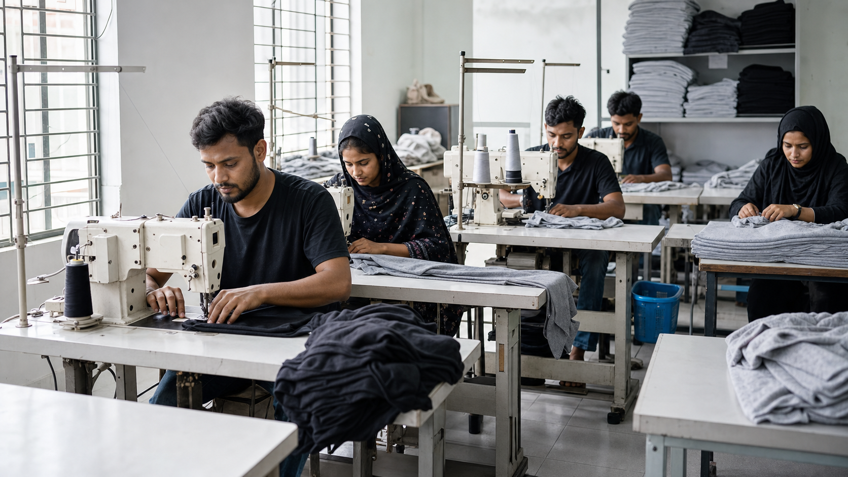 Editorial concept of adult garment professionals working in a focused small knitwear workshop
