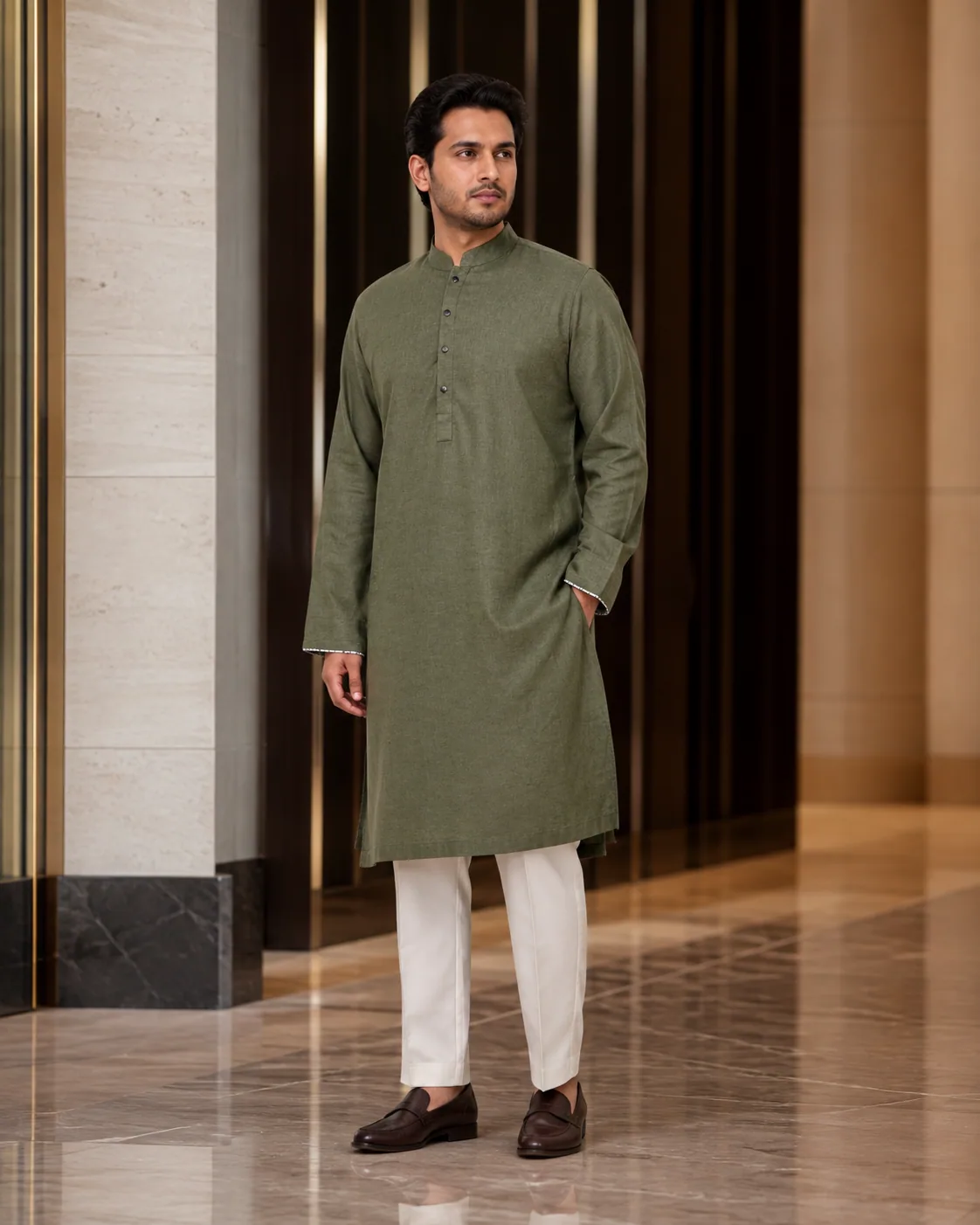 Olive green Panjabi in a full-length styling view