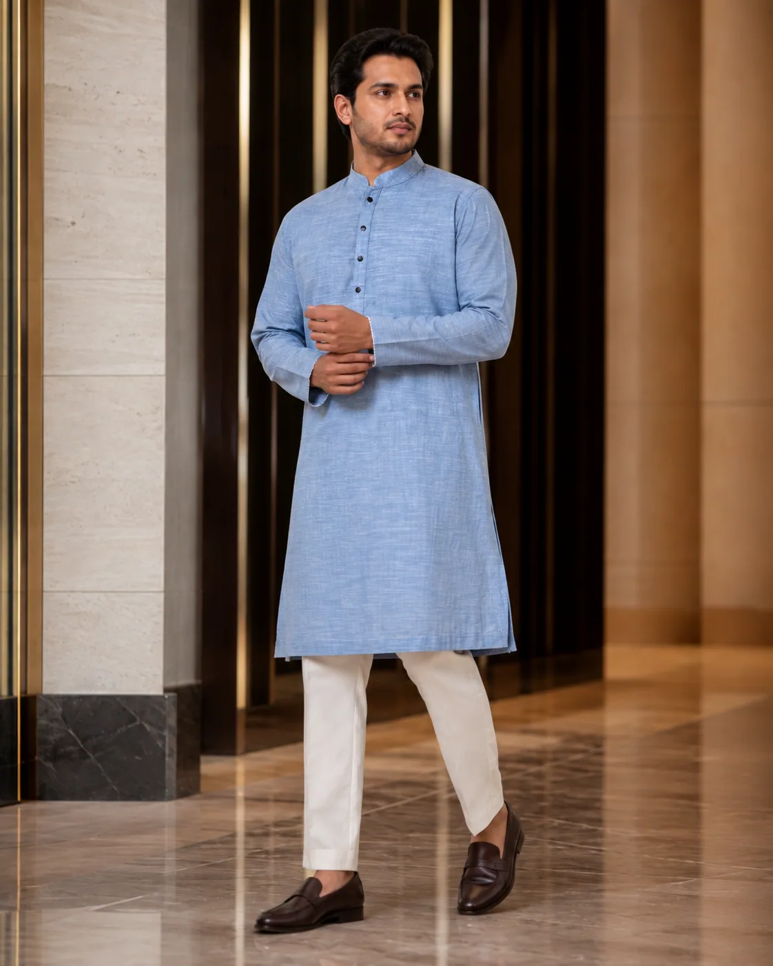 Sky blue Panjabi in a full-length styling view