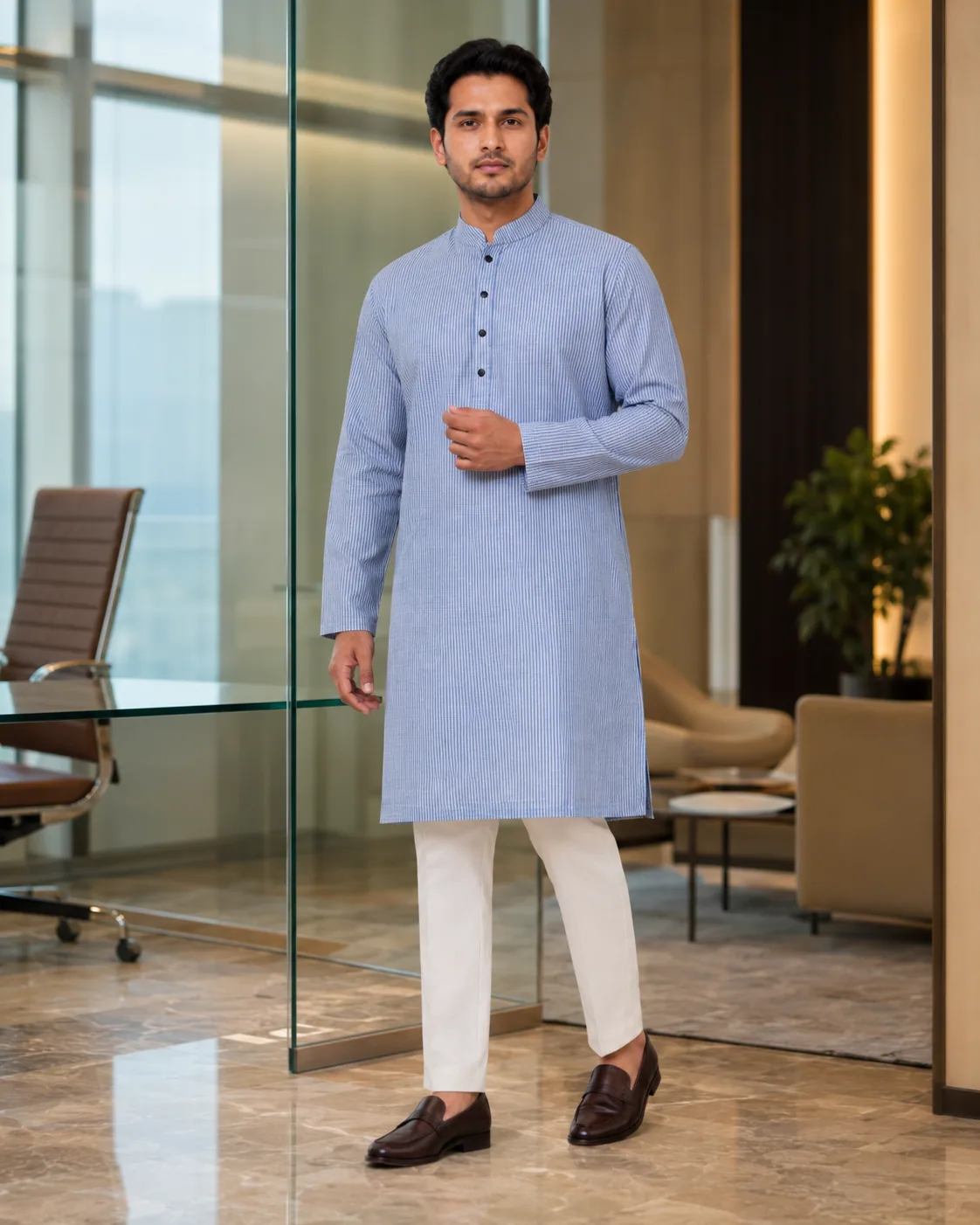 Fine striped blue Panjabi in a full-length styling view