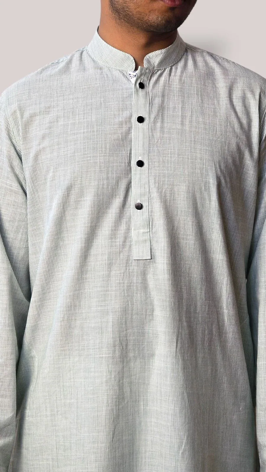 Fine striped mint Panjabi placket detail