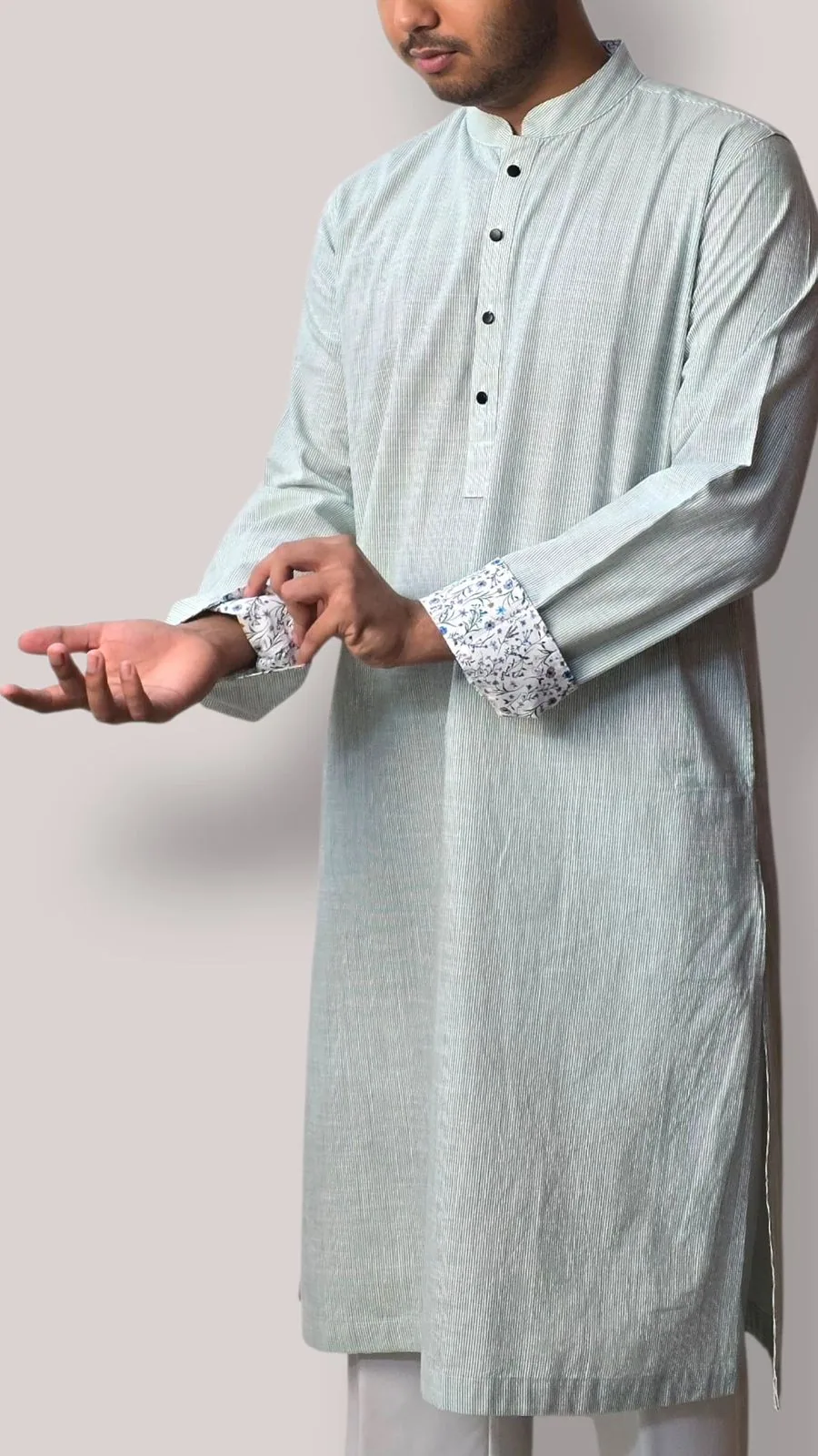 Fine striped mint Panjabi cuff detail