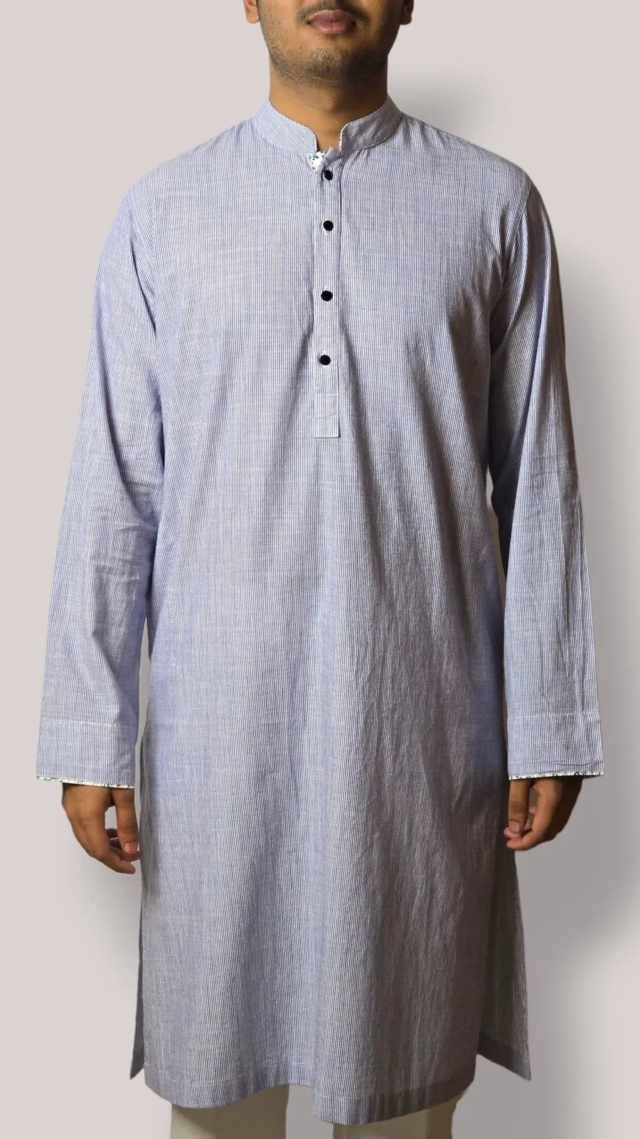 Fine striped blue Panjabi front view