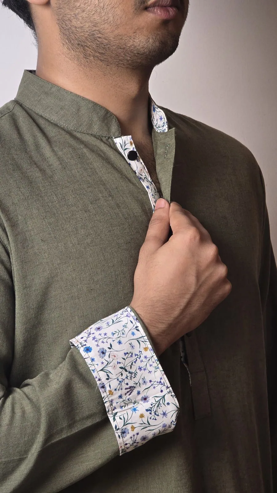 Olive Panjabi collar and floral cuff detail
