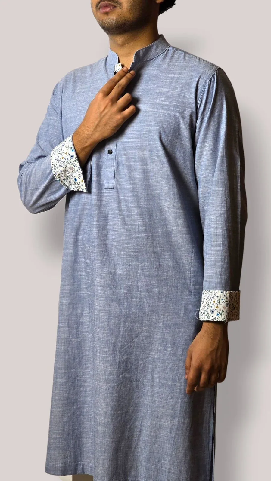 Blue Panjabi collar and floral cuff detail