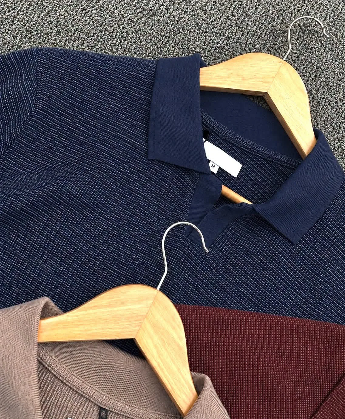 Navy and taupe textured polo collar details