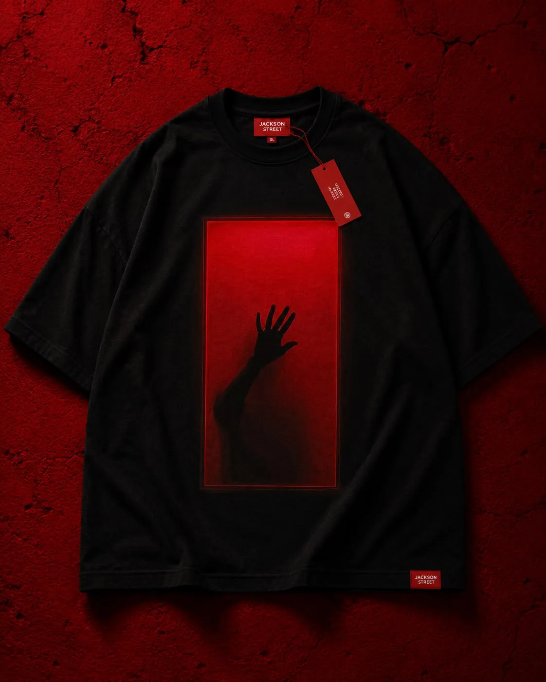 Black graphic streetwear T-shirt flat lay