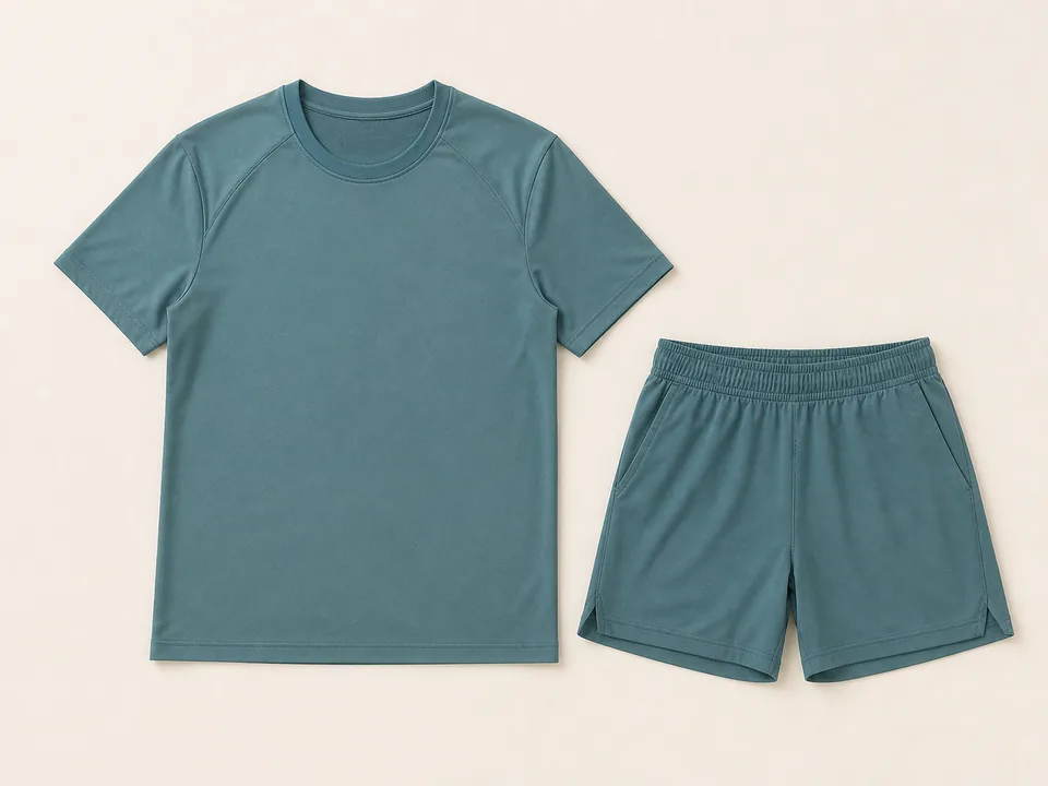 Blank muted teal athletic knit top and shorts arranged as a set