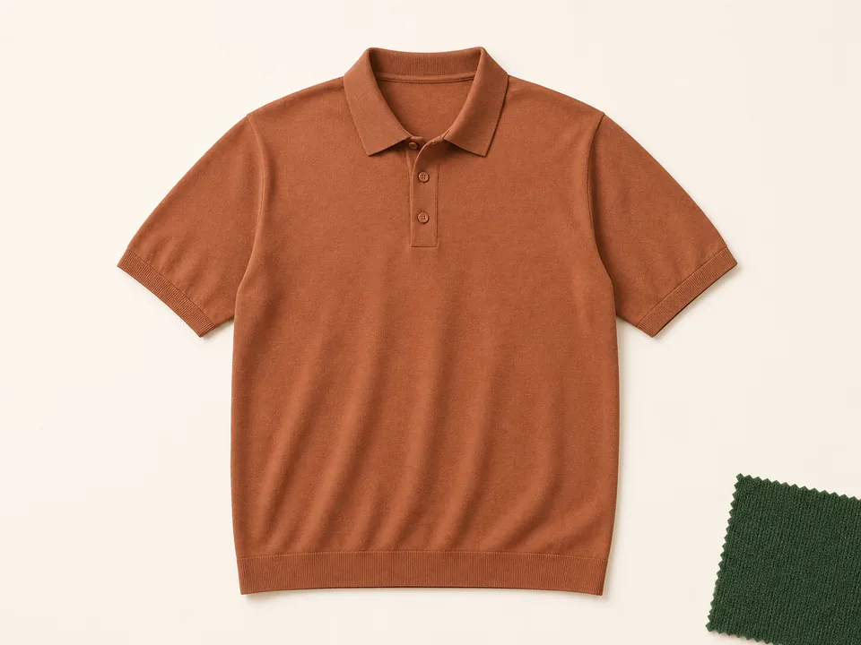 Blank muted clay polo shirt arranged on a warm studio surface