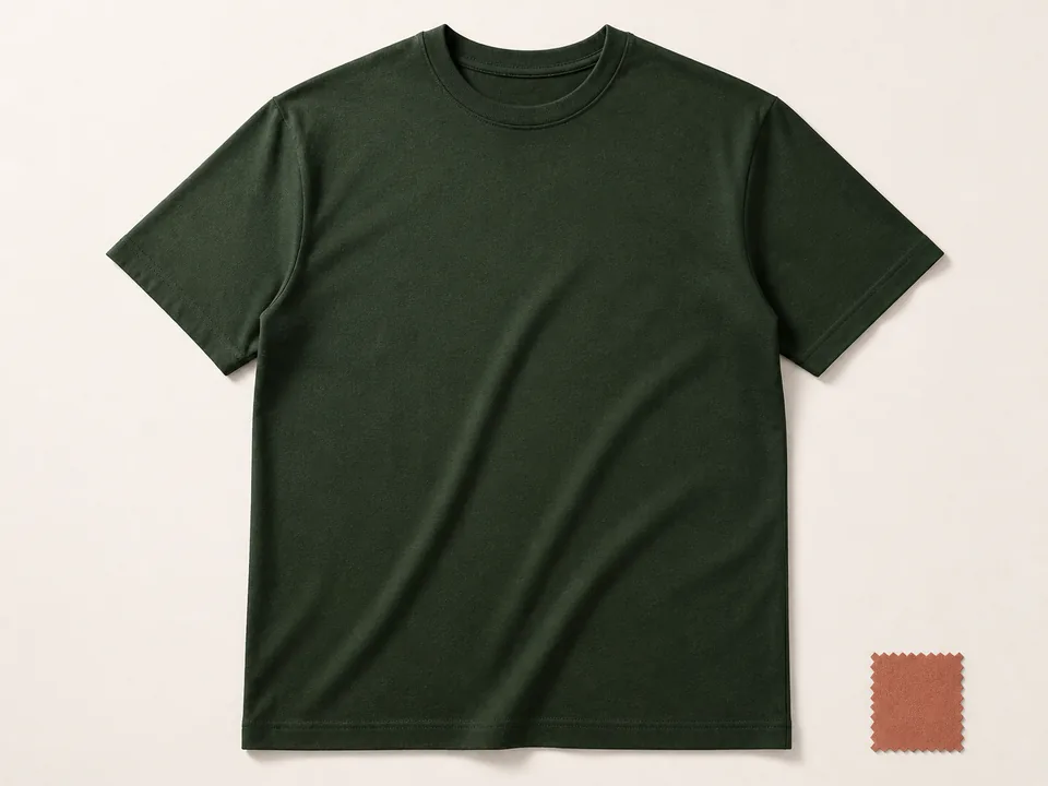 Blank forest-green crew-neck T-shirt arranged on a warm studio surface